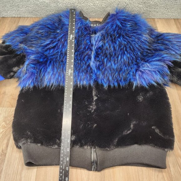 Shaci Blue Women's Size Medium Blue Black Faux Fur Monster Bomber Jacket - Picture 14 of 15